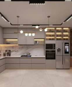 Tủ bếp gỗ công nghiệp MDF màu xám trung tính hiện đại tối giản