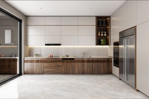 Tủ bếp gỗ công nghiệp MDF lõi xanh chống ẩm kịch trần