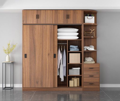 Tủ quần áo cửa lùa kịch trần gỗ MDF màu óc chó