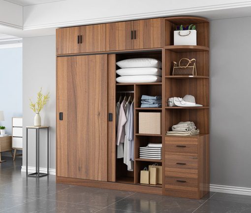 Tủ quần áo cửa lùa kịch trần gỗ MDF màu óc chó